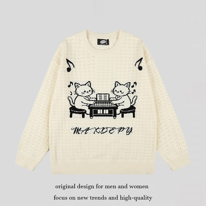 Women's Oversize Knit Sweater with Jacquard Cat Motif and Musical Design Amarae