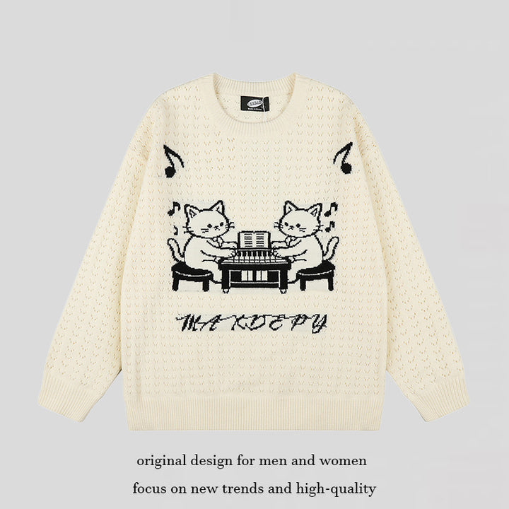 Women's Oversize Knit Sweater with Jacquard Cat Motif and Musical Design Amarae