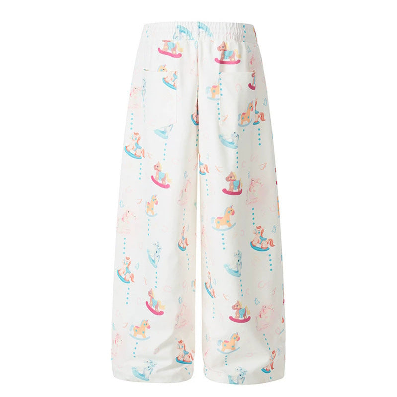 Women's Wide Palazzo Lounge Pants with Comfortable Waistband, Drawstring and Playful Rocking Horse Print Amarae
