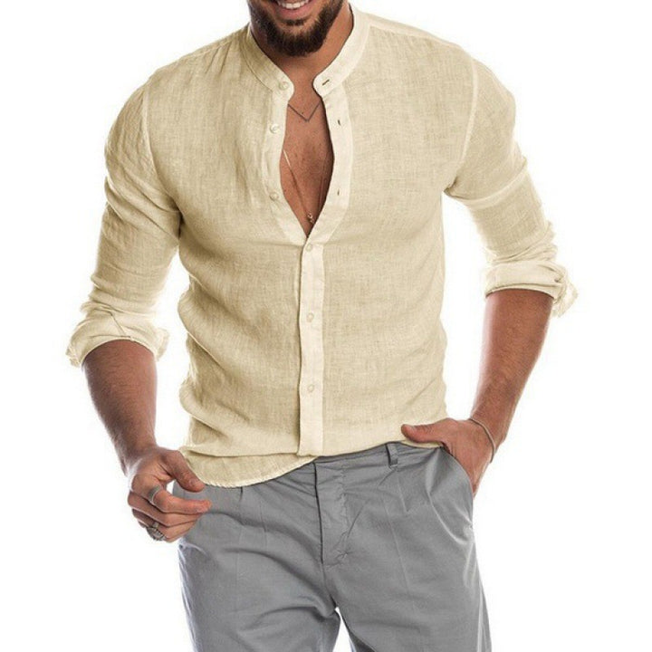 Men's Lightweight Linen Shirt with Stand-Up Collar, Slim Fit and Continuous Button Placket Amarae