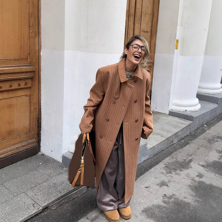 Women Double-Breasted Oversized Wool Blend Coat with Pinstripes and Loose Fit Amarae