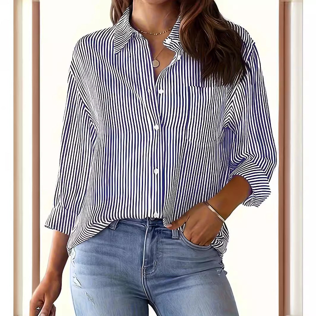 Striped blouse for ladies with a loose fit and practical chest pocket Lune London