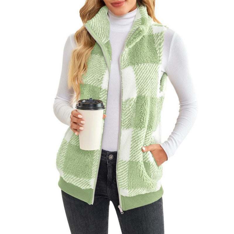 Ladies Checked Teddy Vest with Stand-Up Collar, Zipper and Side Pockets Amarae