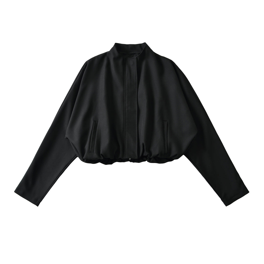 Women's Cropped Cape Blouson with Stand-Up Collar, Concealed Placket, and Elastic Hem