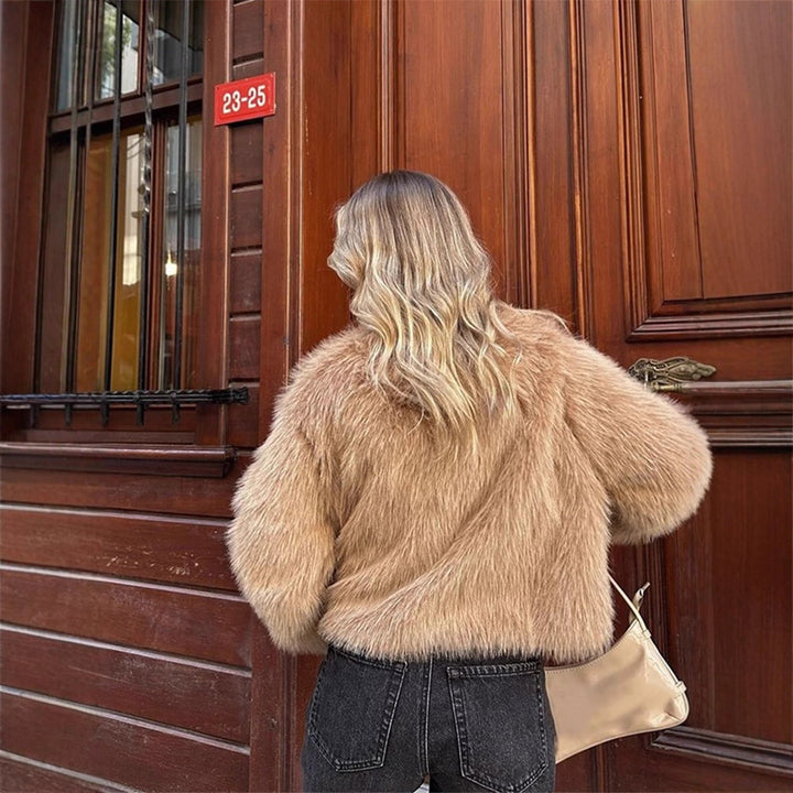 Women's Short Cut Faux Fur Coat with Decorative Ribbons and Boxy Silhouette Amarae