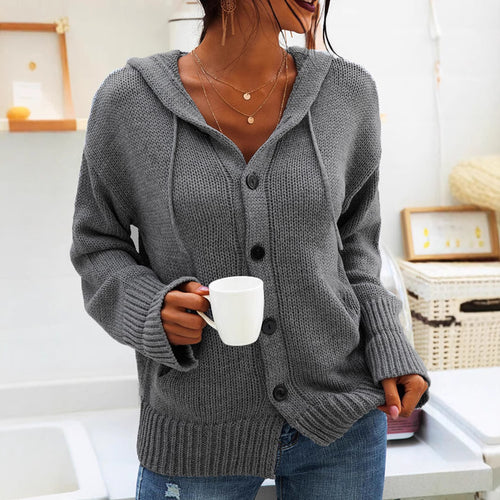 Ladies chunky knit cardigan with hood and practical pockets Amarae