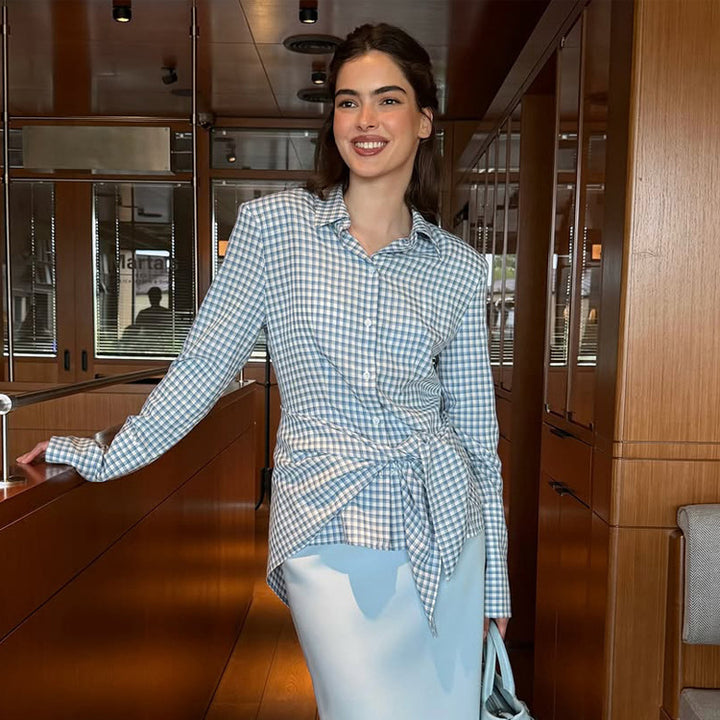 Women Gingham Wrap Blouse with Side Waist Tie and Shirt Collar Amarae