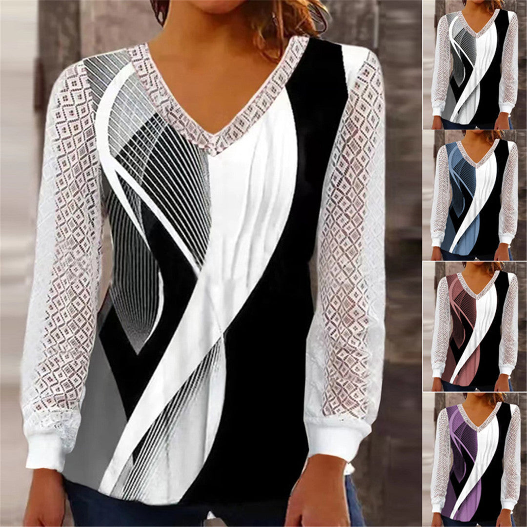 Ladies V-neck long sleeve top with an attractive geometric pattern Lune London