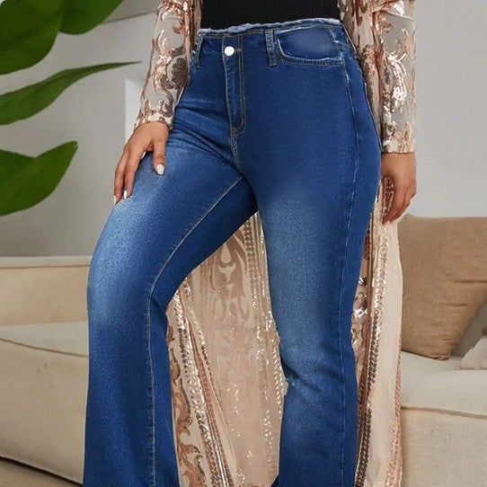 Women's High-Waisted Elastic Jeans with Bootcut and Frayed Hem Amarae