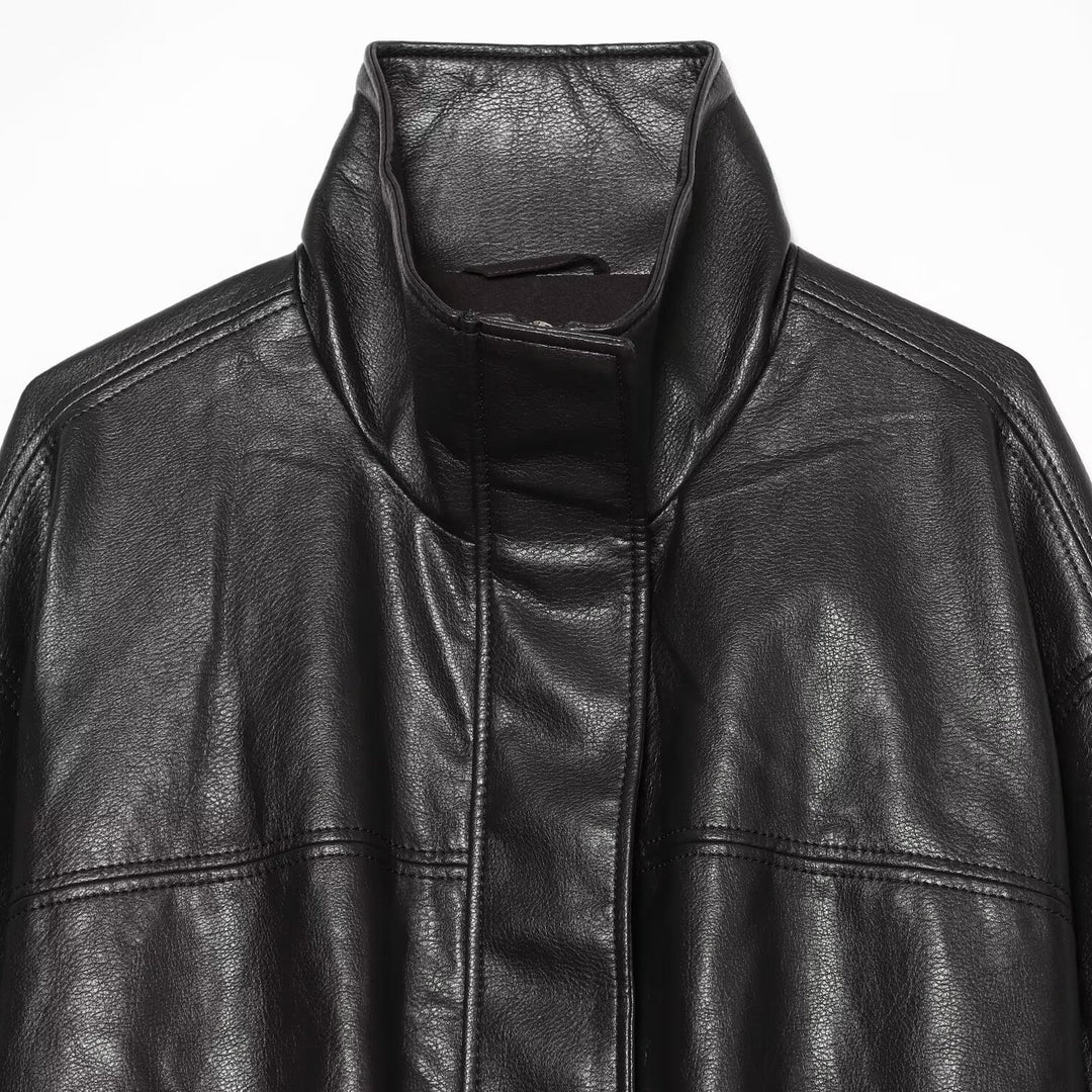 Women's Cropped Boxy Faux Leather Jacket with High Funnel Collar and Concealed Placket Amarae