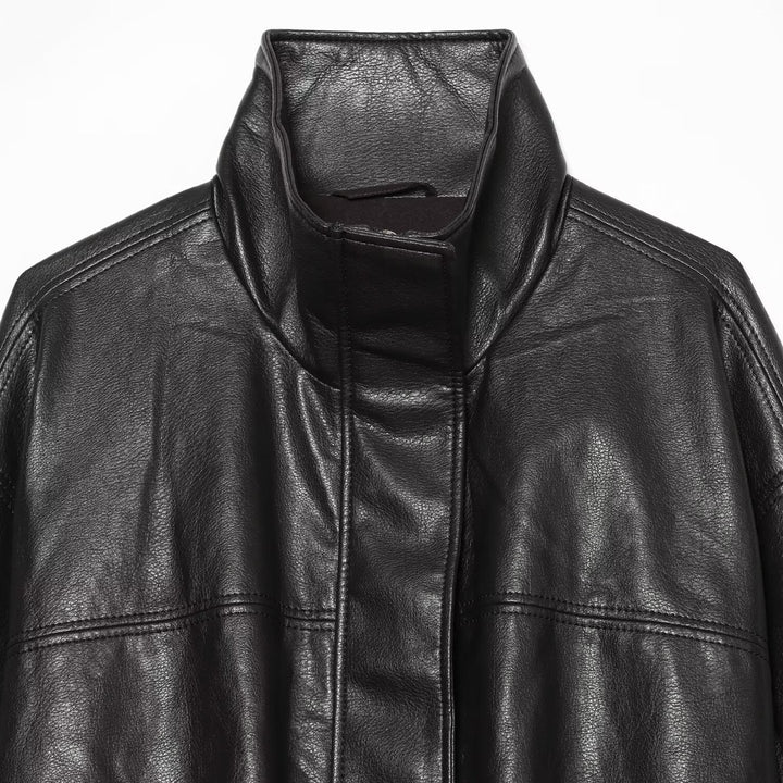 Women's Cropped Boxy Faux Leather Jacket with High Funnel Collar and Concealed Placket Amarae