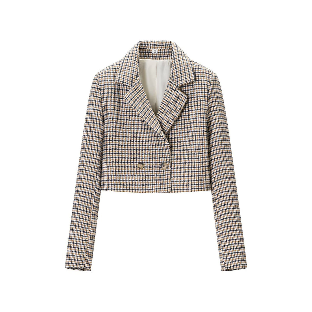 Women Cropped Wool Blend Blazer with Houndstooth Pattern and Double-Breasted Button Placket Amarae