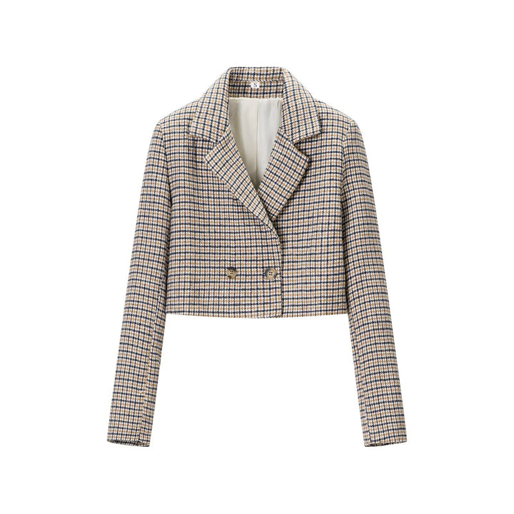 Women Cropped Wool Blend Blazer with Houndstooth Pattern and Double-Breasted Button Placket Amarae
