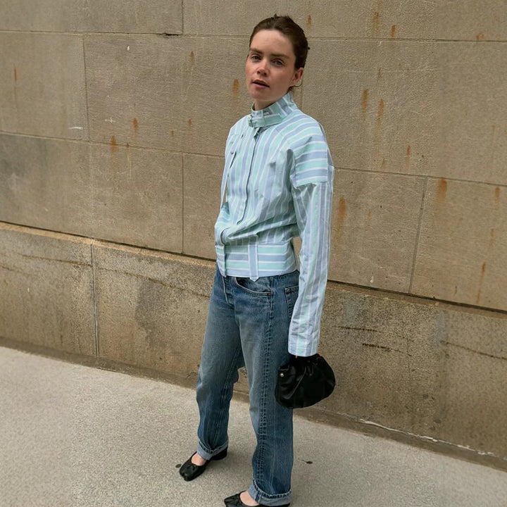 Women's Structured Blouse with Stand Collar, Waist Belt and Vertical Stripe Design Amarae