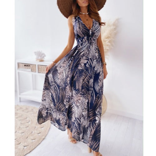 Tropical print maxi dress for women with adjustable fabric belt Lune London
