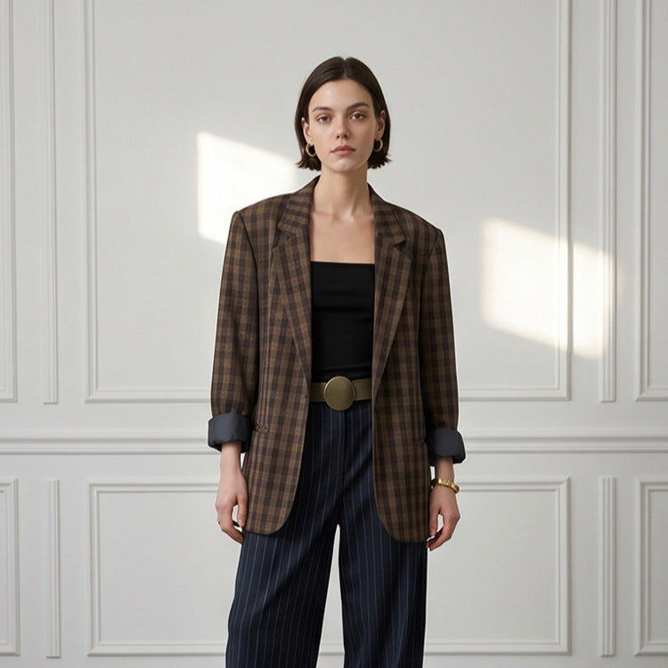 Women’s oversized check blazer with boxy silhouette and dropped shoulders Amarae
