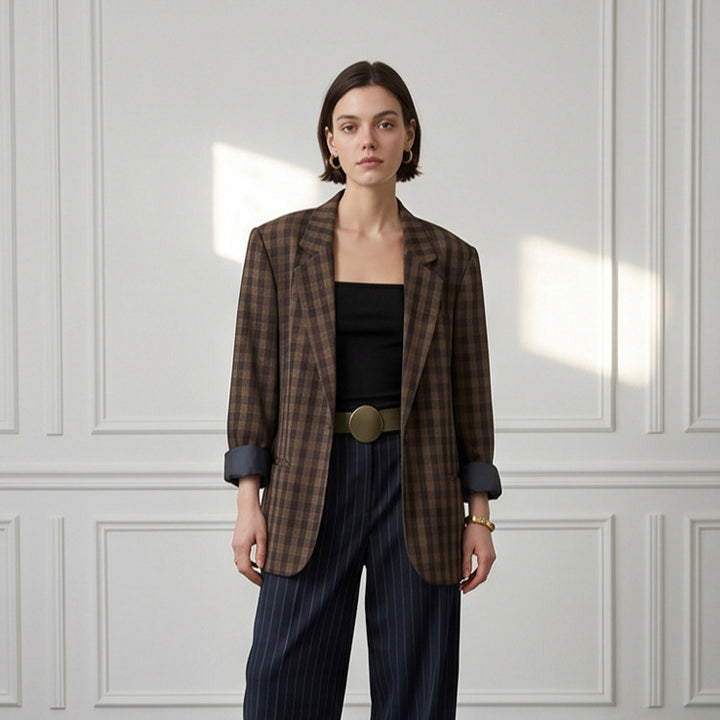 Women’s oversized check blazer with boxy silhouette and dropped shoulders Amarae