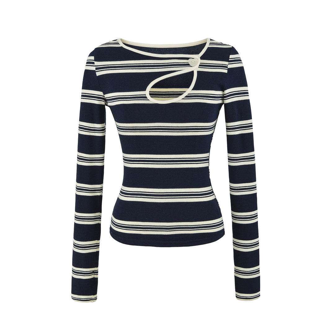 Women's Striped Fine Knit Top with Asymmetric Heart Button Detail