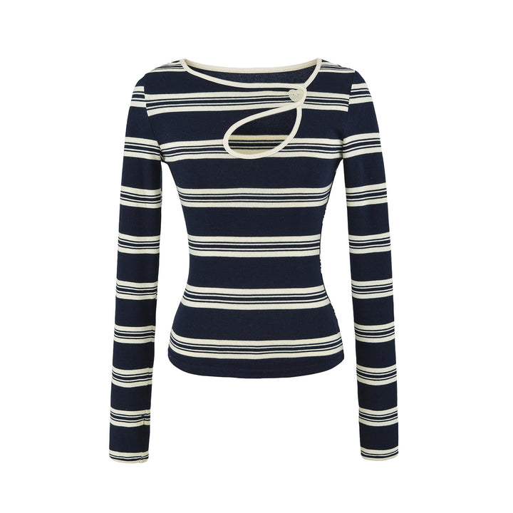 Women's Striped Fine Knit Top with Asymmetric Heart Button Detail