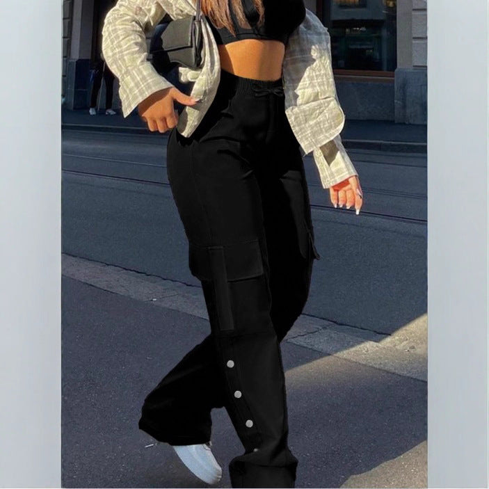 Women's High-Waist Cargo Pants with Wide Leg, Drawstring and Side Snap Details Amarae