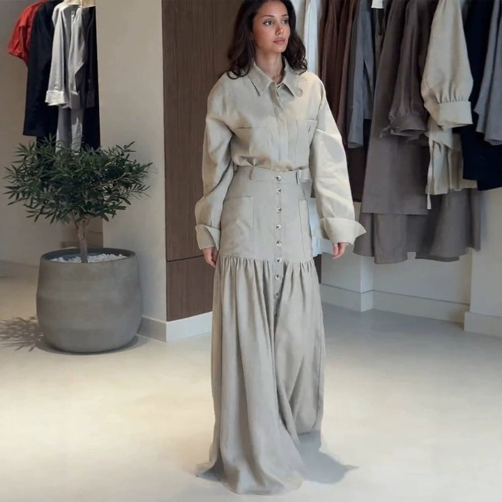 Women Two-Piece Oversized Shirt and Maxi Skirt Set with High Waist & Continuous Button Placket Amarae