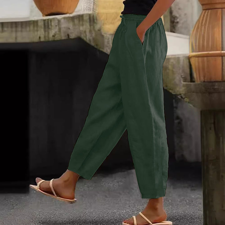 Women's Linen Blend Cropped Pants with Elastic Waistband, Drawstring and Side Pockets Amarae