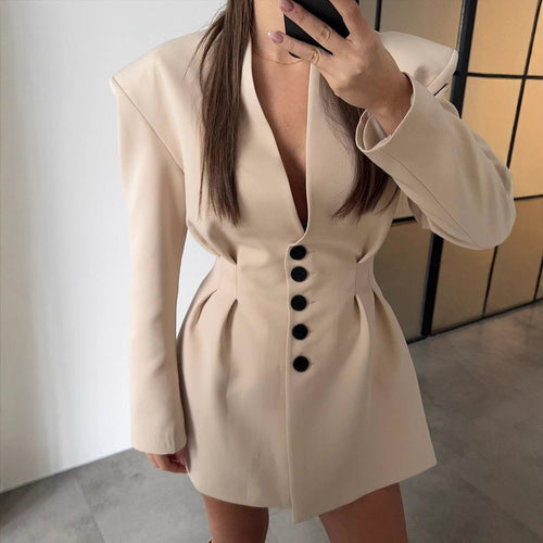 Elegantly tailored blazer dress for women with a fitted waist and puff sleeves Amarae