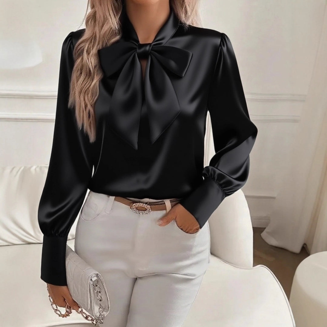 Women elegant satin blouse with bow collar and puff sleeves Lune London
