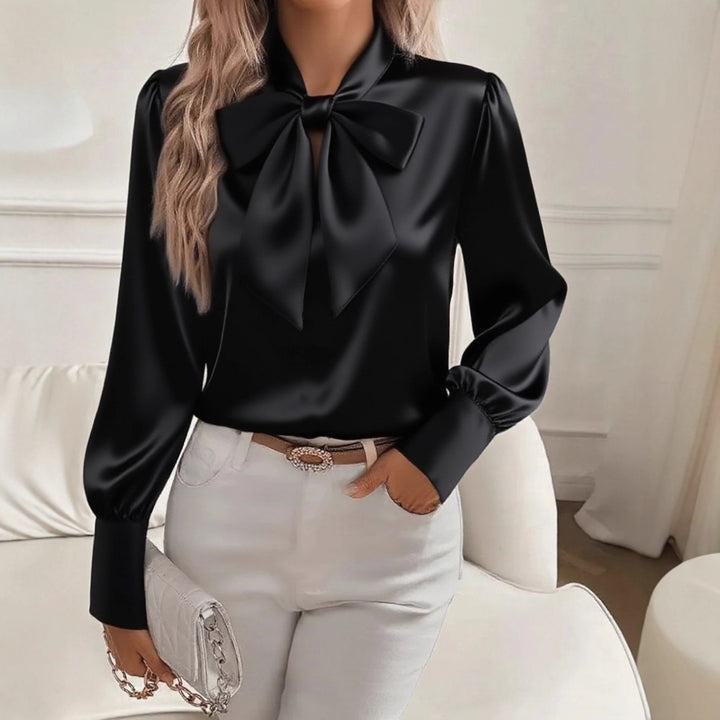 Women elegant satin blouse with bow collar and puff sleeves Lune London