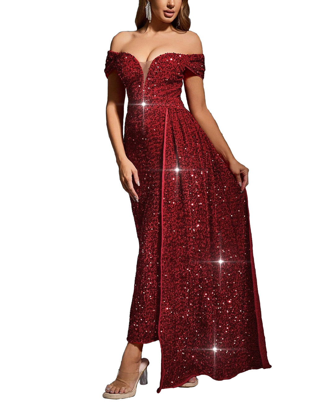 Sequin evening dress off-shoulder Lune London