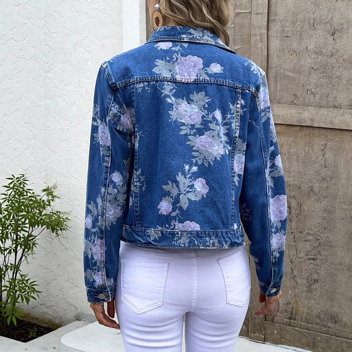 Women's Short-Cut Denim Jacket with Floral Watercolor Print and Flap Pockets Amarae
