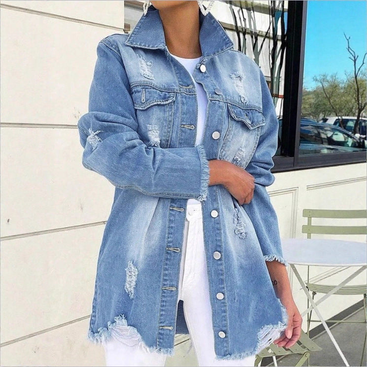 Women's Oversized Denim Jacket with Destroyed Details, Longer Cut and Frayed Hem Amarae