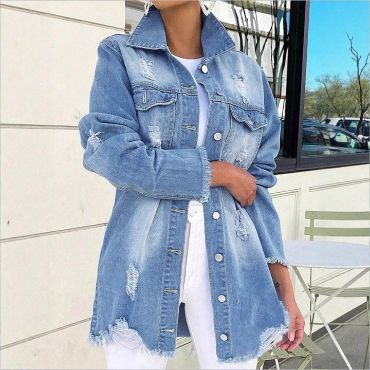 Women's Oversized Denim Jacket with Destroyed Details, Longer Cut and Frayed Hem Amarae