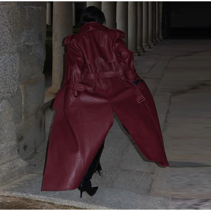 Oversized faux leather trench coat for women with high collar and removable belt Lune London