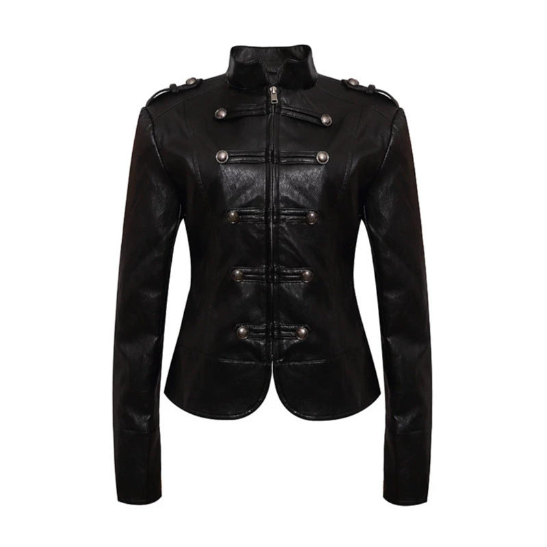 Women’s fitted leather jacket in military style with stand-up collar and decorative button placket Amarae