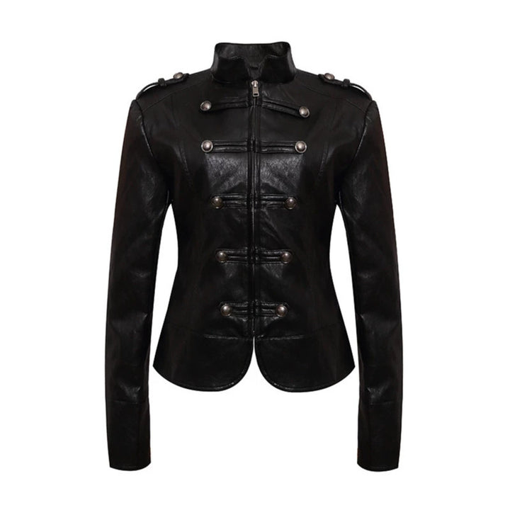 Women’s fitted leather jacket in military style with stand-up collar and decorative button placket Amarae