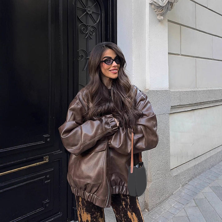 Women's Oversized Vegan Leather Bomber Jacket with Elastic Hem & Large Flap Pockets Amarae