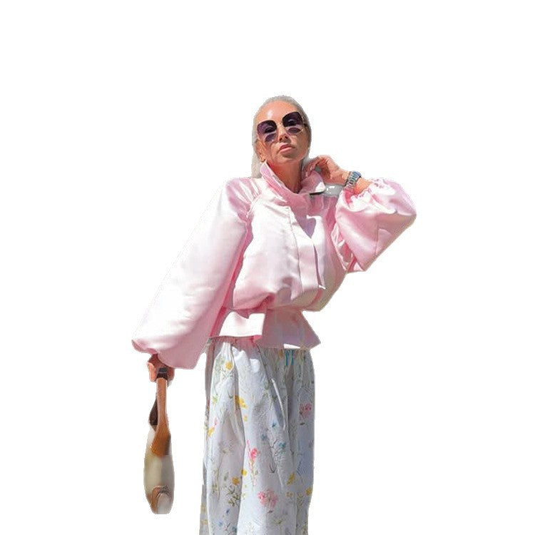 Women's satin blouse jacket with voluminous balloon sleeves, stand-up collar and fitted placket Amarae