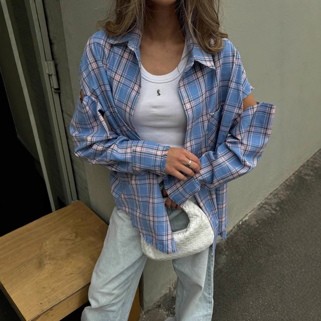 Women checked oversized shirt jacket with cut-out sleeves and raw hem Amarae