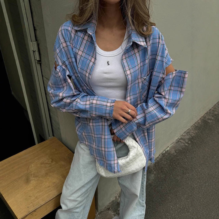 Women checked oversized shirt jacket with cut-out sleeves and raw hem Amarae
