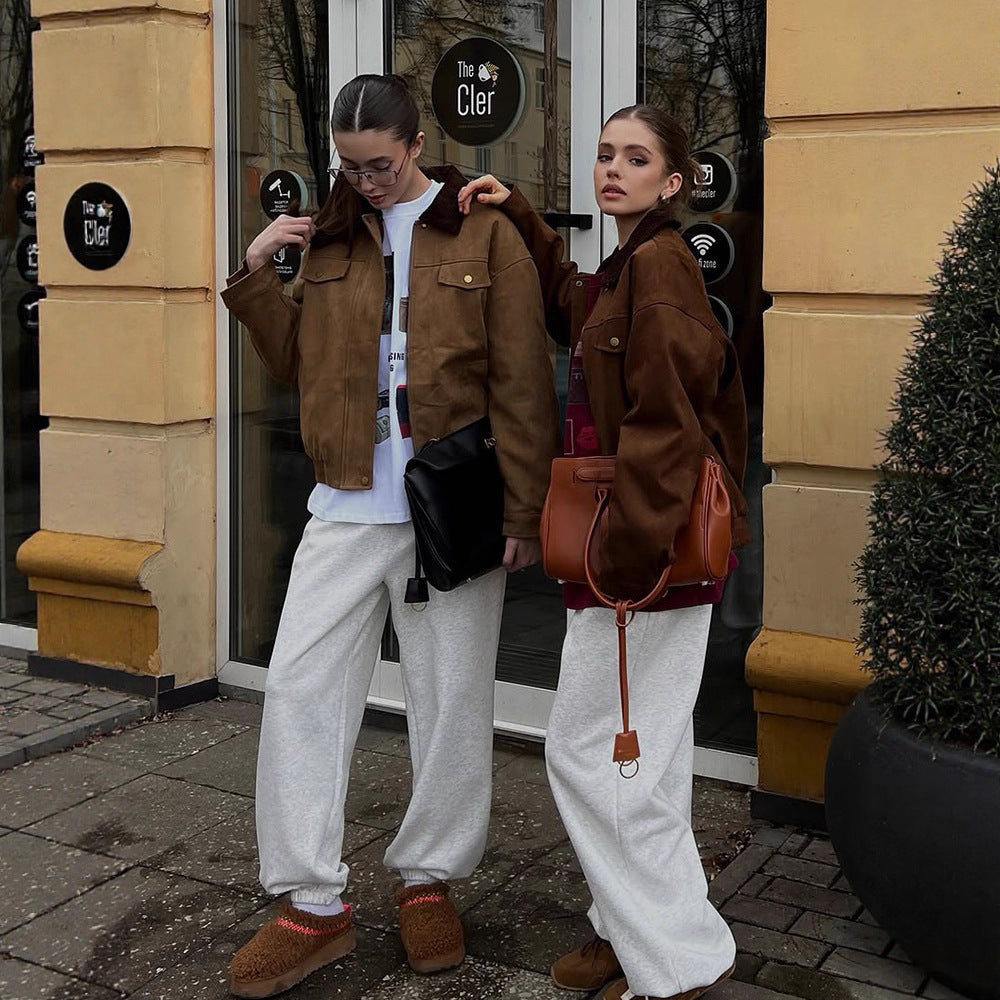 Women's Boxy Suede Blouson Jacket with Cord Collar and Teddy Lining Amarae