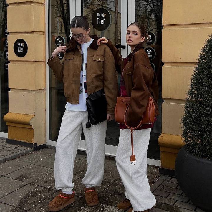 Women's Boxy Suede Blouson Jacket with Cord Collar and Teddy Lining Amarae