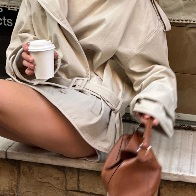 Women's short trench coat made of cotton blend with waist belt & shoulder epaulettes Amarae