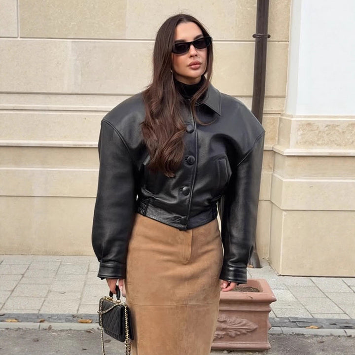 Women's short jacket made of vegan leather imitation in boxy cut with oversized shoulders and hidden button placket Amarae
