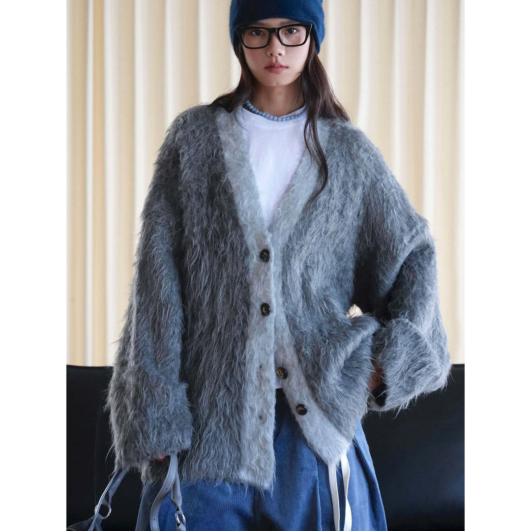 Women's Fluffy Long-Hair Knit Cardigan with Button Placket and Oversized Silhouette Amarae