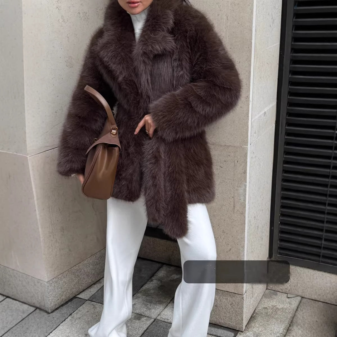 Women Boxy Short Coat made of extra fluffy high pile with wrap belt Amarae