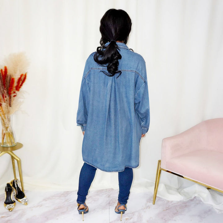 Women's Oversized Denim Shirt Jacket with Flap Pockets and Extended Cut Amarae