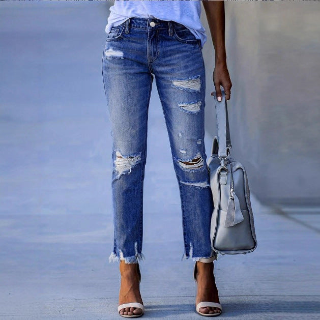 Ladies ankle-length straight-cut destroyed jeans with high waist and frayed hem Amarae