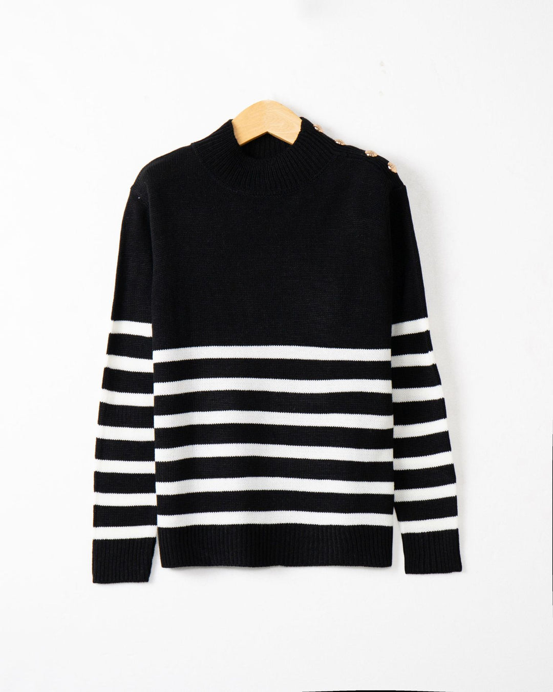 Fashionable knitted sweater for women with striped pattern and button details Lune London