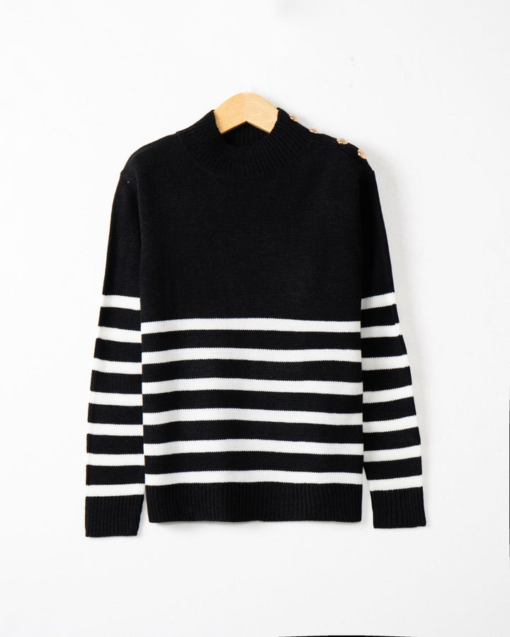 Fashionable knitted sweater for women with striped pattern and button details Lune London